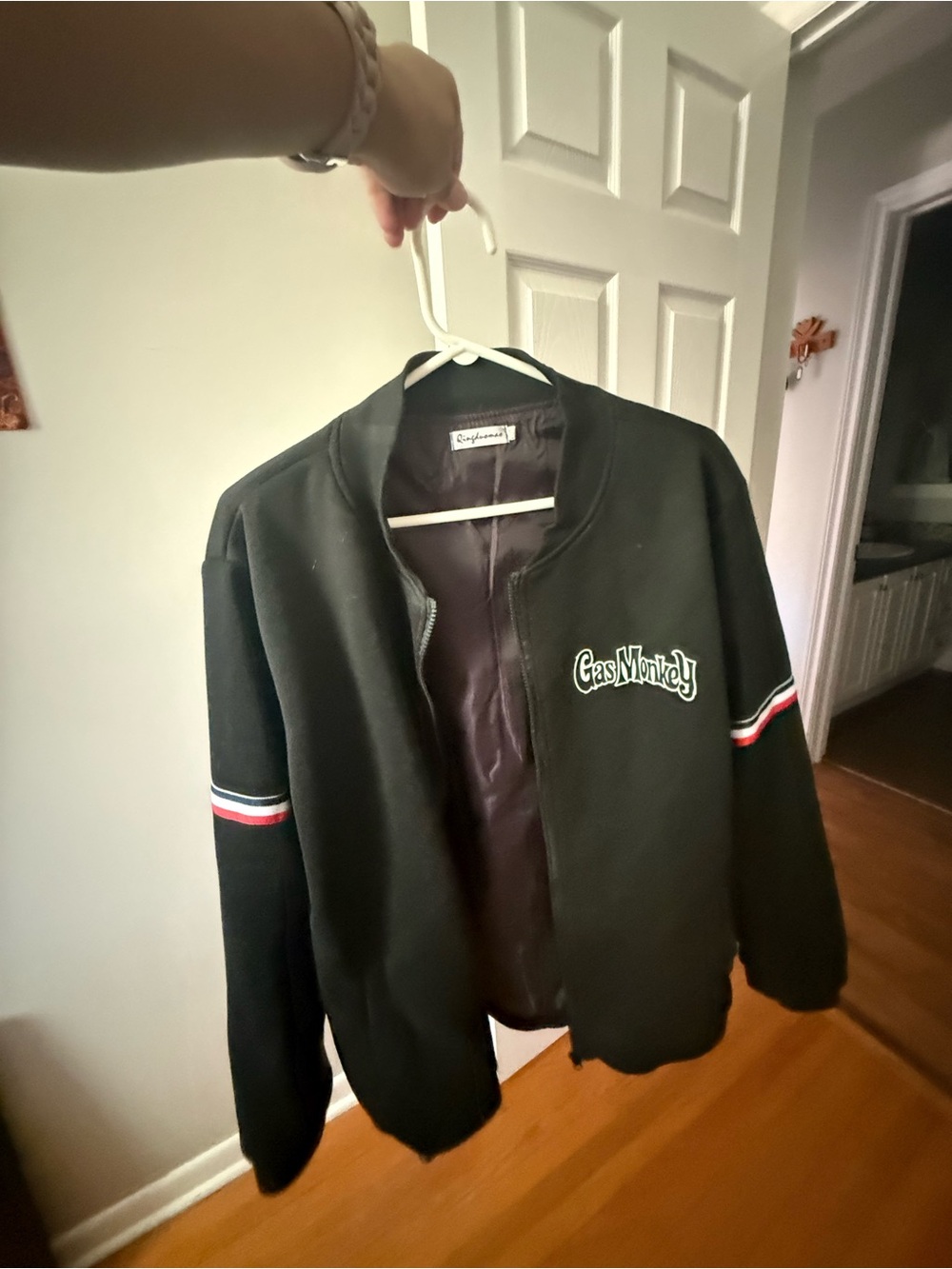 Gas Monkey Men's Black Bomber Jacket with Red & White Sleeve Stripes